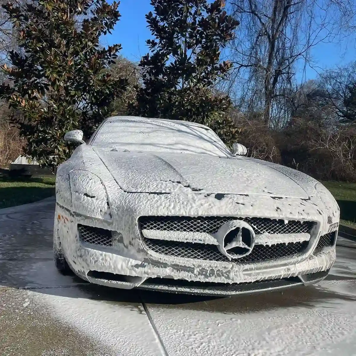 Mercedes-Benz SLS AMG covered in foam cannon wash during a Halo mobile detail in Spring Hill, TN